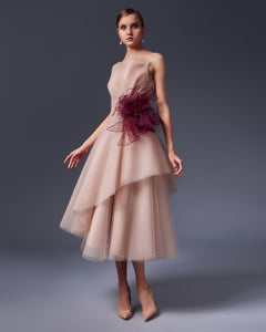 Strapless Ruffle Wave Coquelicot Flower Midi Dress - Sandy Nour