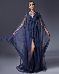 Two Piece Embroidered Cape & Open Slit Draped Dress - Sandy Nour