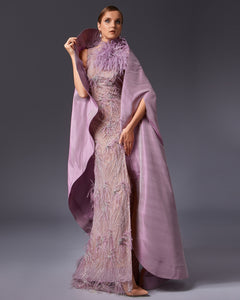 Two Piece Taffeta Cape & Open Slit Embroidered Dress - Sandy Nour